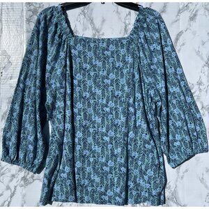 Style & Co Womens XL Square Neck Knit Top Blue & Green Floral Print 3/4 Sleeves